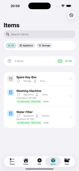 HomeBrain items screen